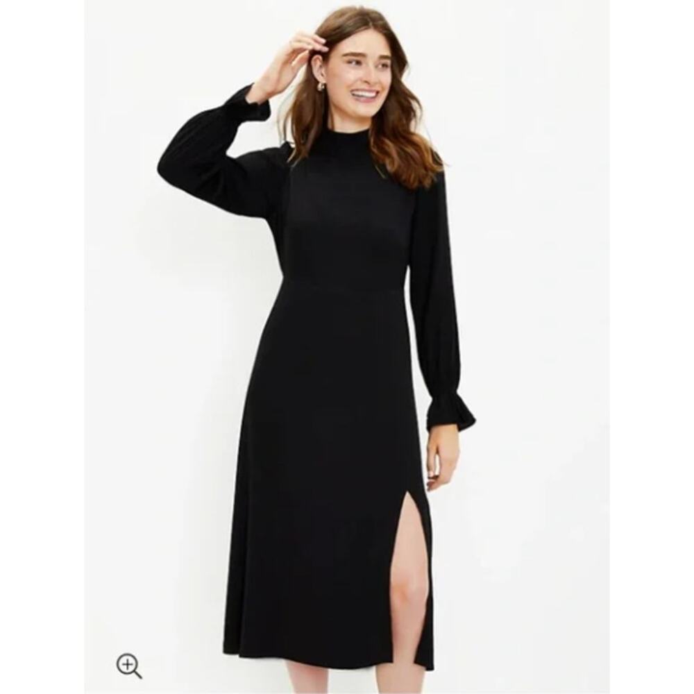 LOFT Mock Neck Dress Black Long Sleeve‎ Midi w/ Slit NWT Modest Conservative 8P